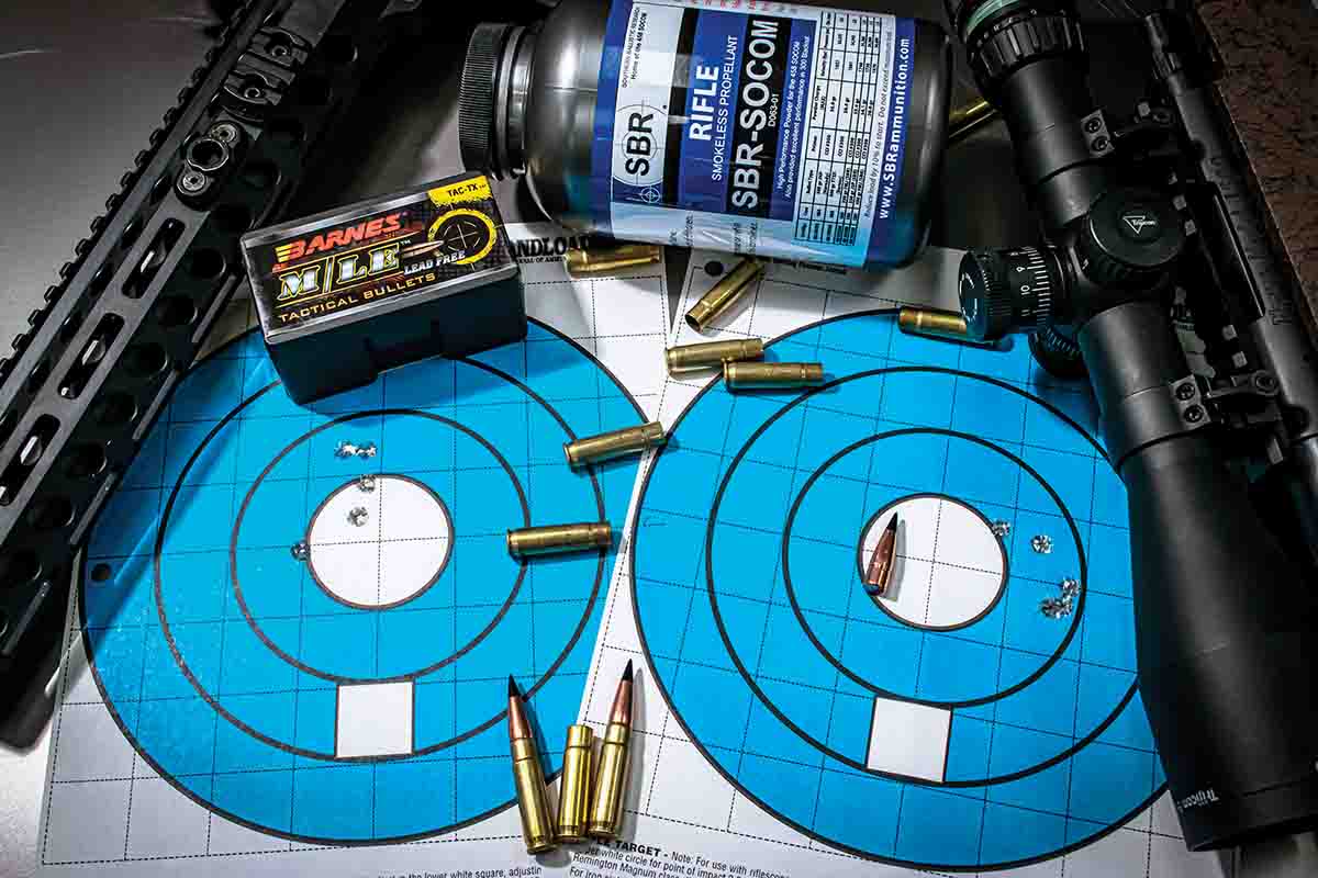 A favorite powder and bullet combination is Shooters World SBR SOCOM powder, which has proved itself as an outstanding powder for the .300 Blackout and the Barnes Tac-TX bullet, which expands reliably at the low velocities of the .300 Blackout. Finding a load that worked well in both rifles took some extra time but was well worth the effort.